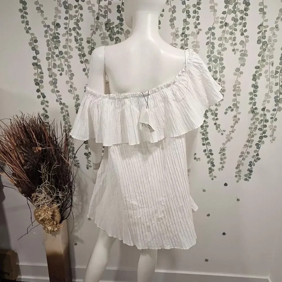 Zara White Off Shoulder Ruffle Pleated Dress Size XL - Picture 6 of 9
